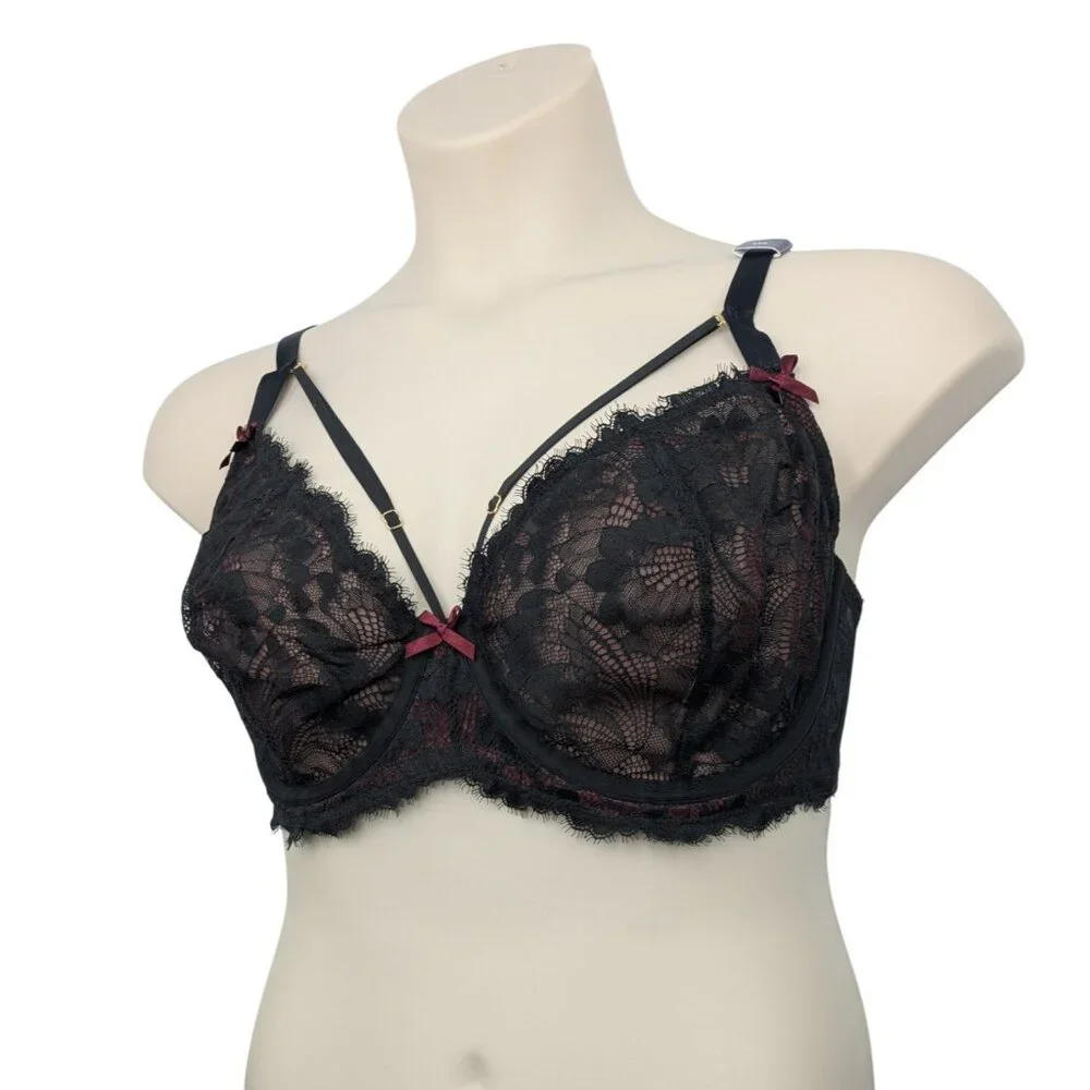 Cacique Womens Balconette Bra 42D Black Red Lace Underwire Unlined - Picture 7 of 10
